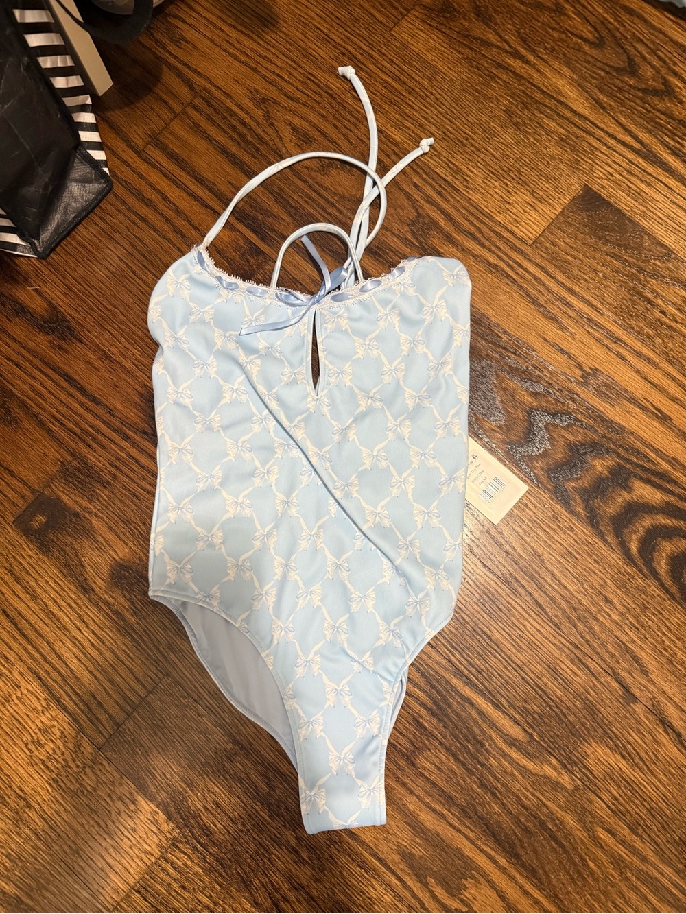 LoveShackFancy Pale Blue Embroidered One-Piece Swimsuit